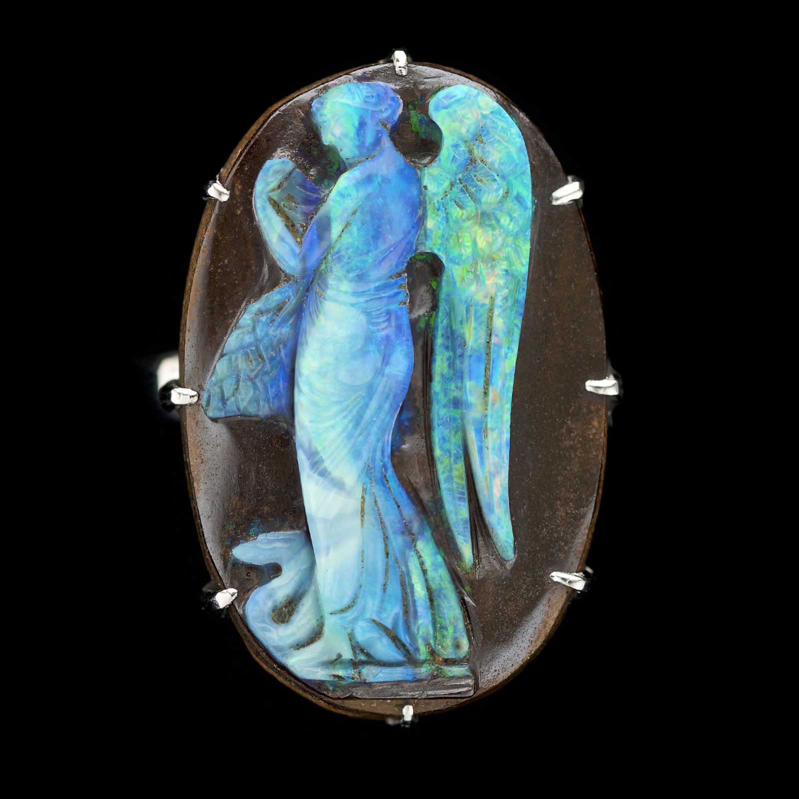 Extremely rare opal cameo set in silver as a ring