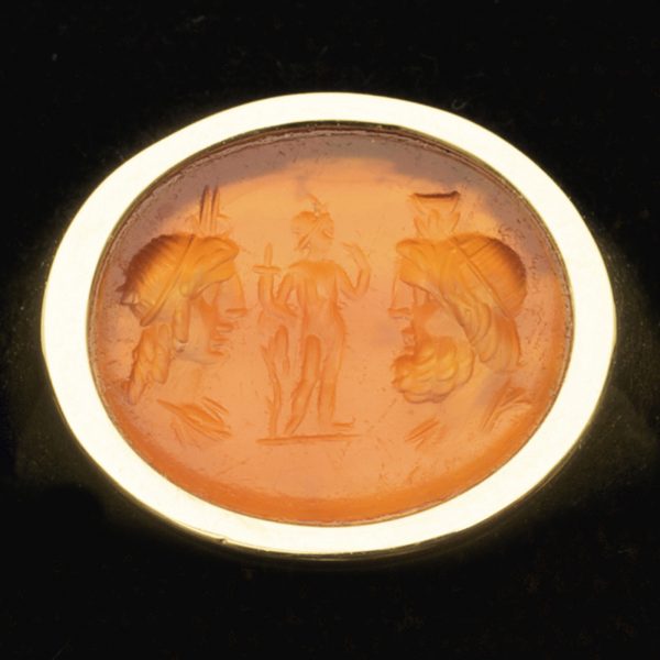 Greco Roman cornelian intaglio carved with the crowned heads of Isis and Osirus