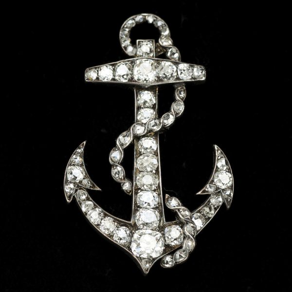 Antique diamond brooch in the form of an anchor, total diamond weight 3.44ct H-K colour, 15ct gold and silver settings, English c.1870