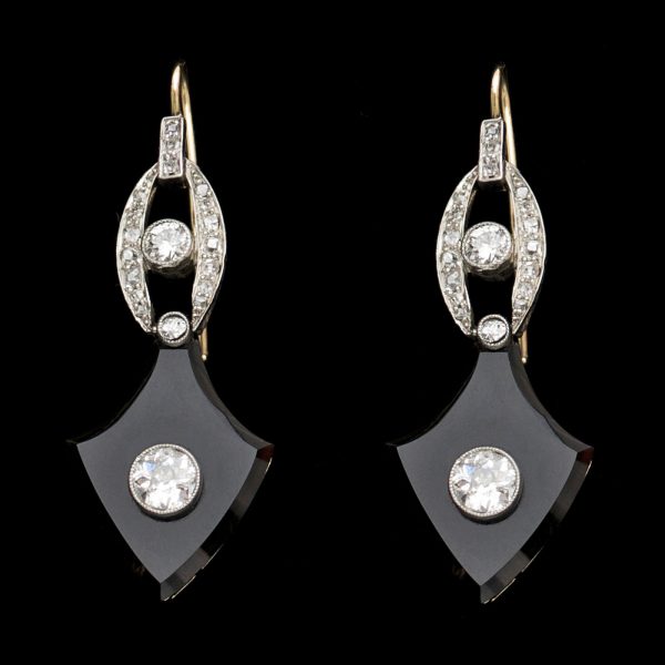 Art Deco kite shaped onyx and diamond ear pendants