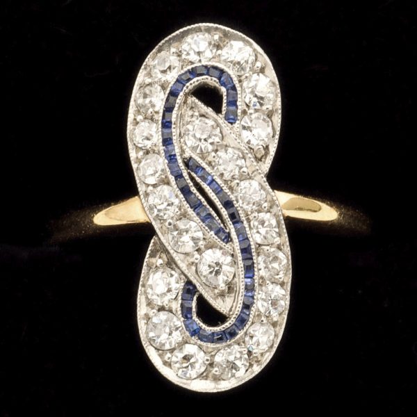 Art Deco diamond and calibre sapphire Love Knot ring 18ct yellow gold and platinum setting