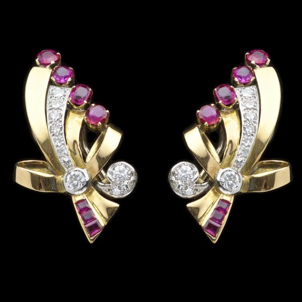 18ct gold ruby and diamond earclips in bow design