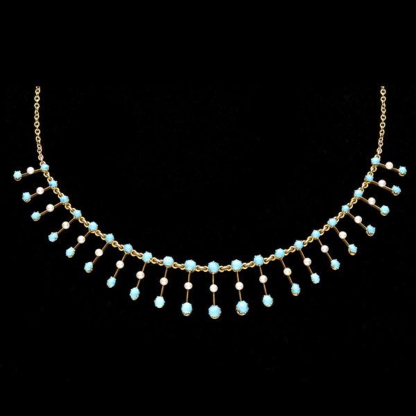 Victorian 18ct gold fringe necklace set with turquoise and natural pearls, original fitted case