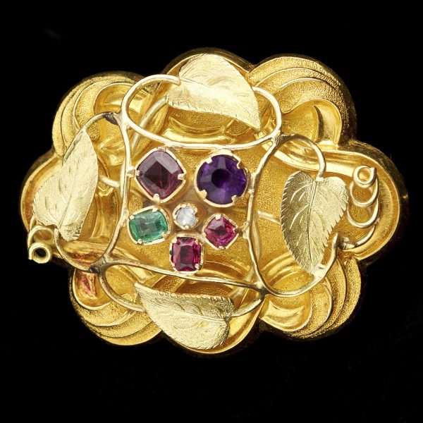 Early Victorian 18ct gold ‘acrostic’ brooch, the initial letters of the gemstones spelling the word REGARD. Original fitted case