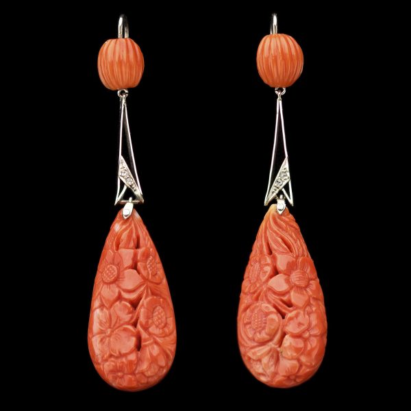 Art Deco carved coral ear pendants