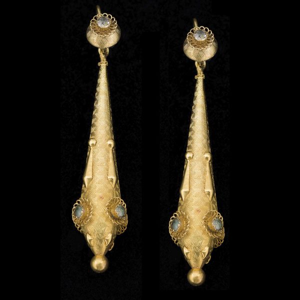 Georgian 18ct gold long ear-pendants set with pastes c.1835
