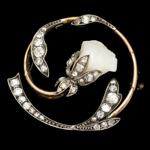 Art Nouveau diamond & pearl lily brooch