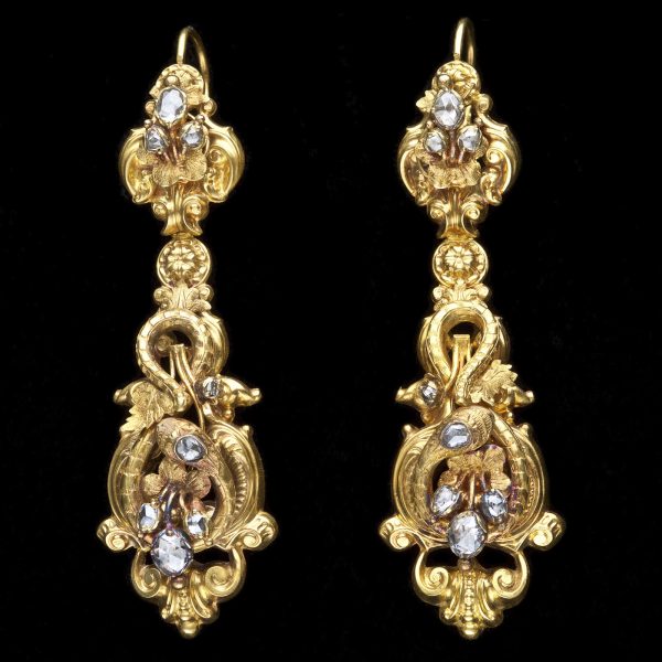 Splendid mid Victorian 18ct gold ear pendants, with a rococo design featuring serpents, and set with rose diamonds. The pendant section is detachable