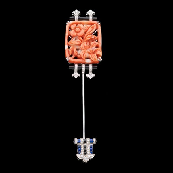 Art Deco style diamond, onyx and coral pin