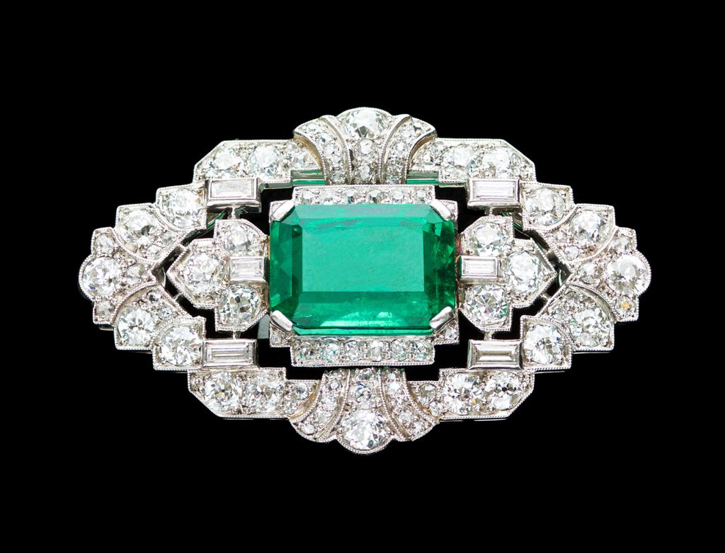 art deco emerald and diamond brooch