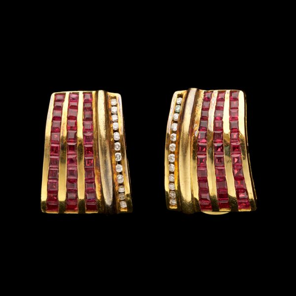 1940's ruby and diamond clip earrings - 18ct gold settings