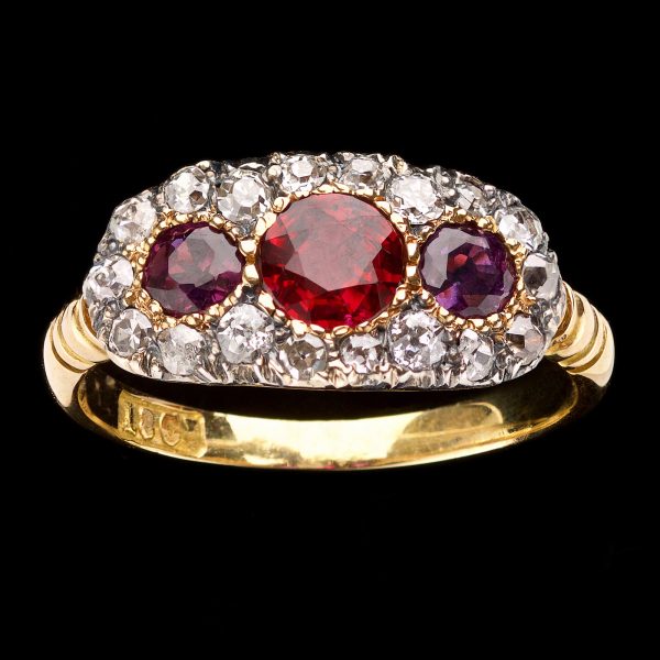 Victorian ruby & diamond triple cluster ring, 18ct gold setting
