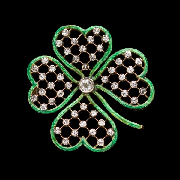 Exquisite emerald green enamel and diamond four leaf clover brooch