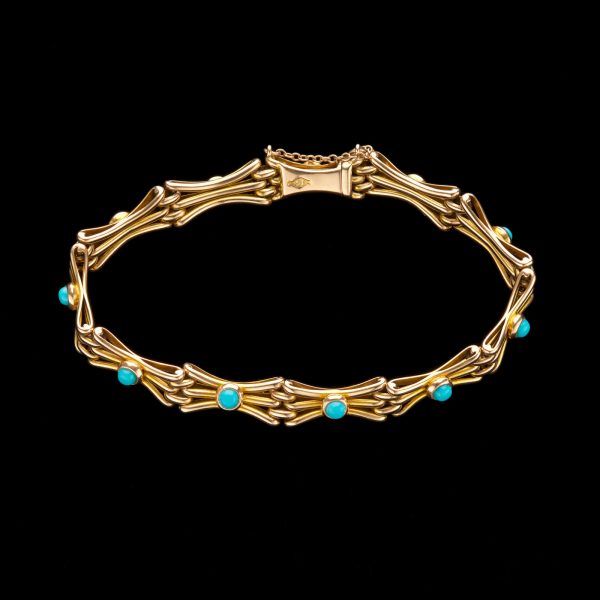 Edwardian 15ct rose gold gate bracelet set with turquoise