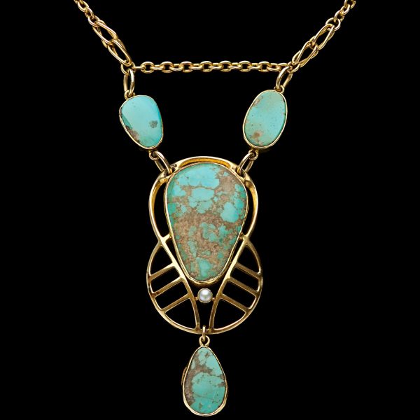 Arts & Crafts 15ct rose gold pendant necklace, the pendant set with veined turquoise, English c.1910