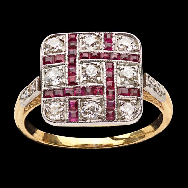 Art Deco 'chequerboard' ruby and diamond ring, platinum and 18ct gold settings
