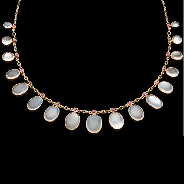 Edwardian 18ct gold fringe necklace set with 17 graduated moonstones pendant from ruby set mounts