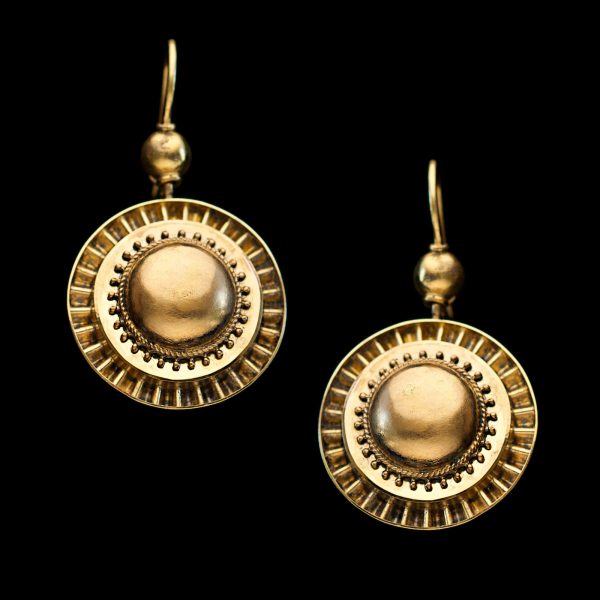 Victorian 15ct gold circular drop earrings in the Etruscan style