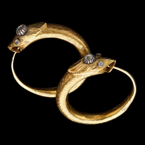 18ct gold hoop earrings in the form of serpents set with rose diamonds