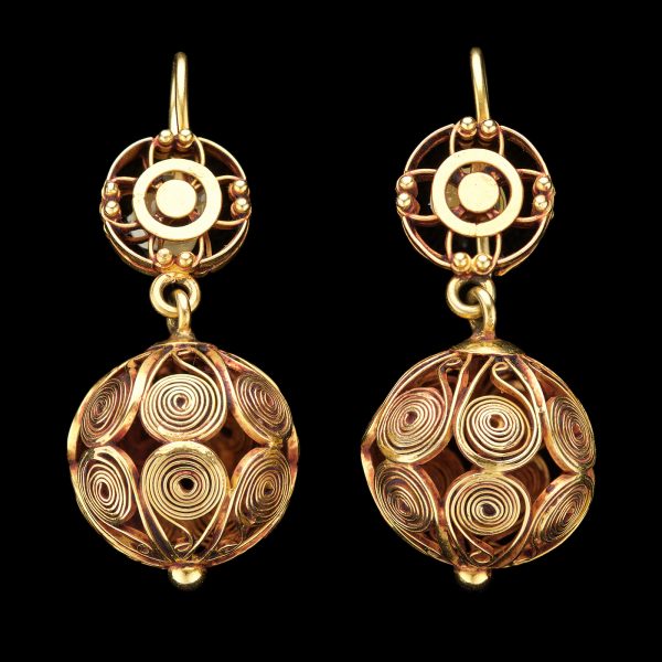 Unusual 18ct gold ball earrings with spiral coil motifs, c.1880