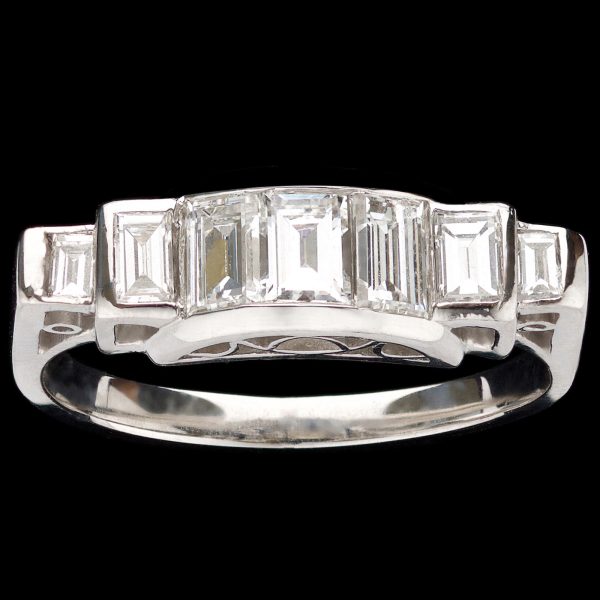Diamond hoop ring, set with 7 baguette diamonds, platinum gallery setting
