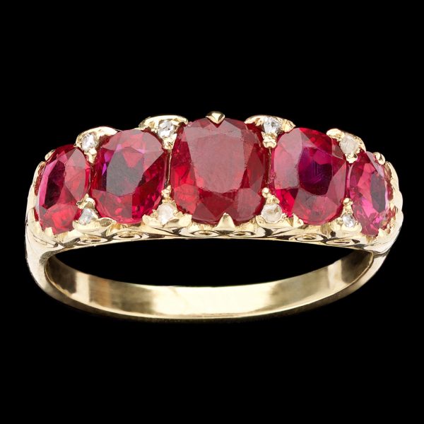 Antique ring set with 5 natural Burmese rubies, carved & scrolled 18ct gold